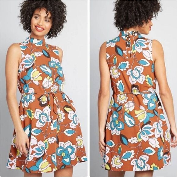 Modcloth in with excitement brown floral mock neck dress - Picture 1 of 6